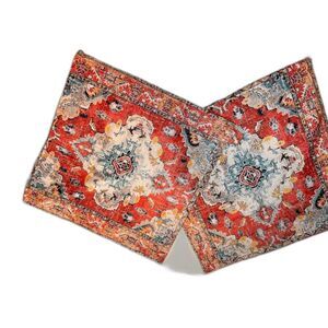 2 Boho Zipper Pillow Covers Medallion Distressed Design Orange Blue Cream Tribal